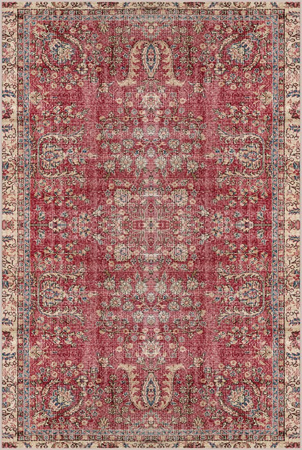 Drom Kaymaz Tabanlı Yıkanabilir Eskitme Kırmızı Etnik Halı