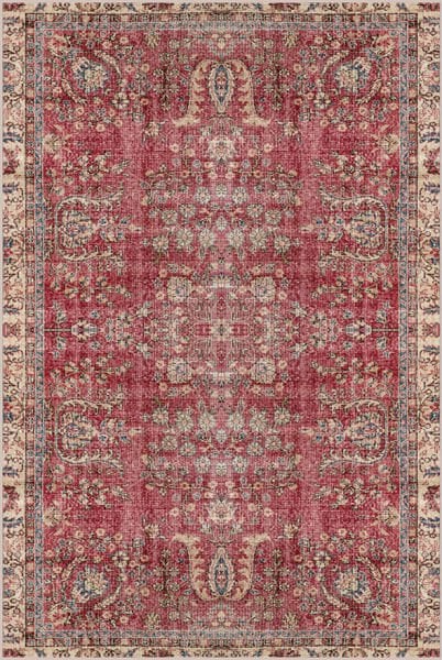 Drom Kaymaz Tabanlı Yıkanabilir Eskitme Kırmızı Etnik Halı