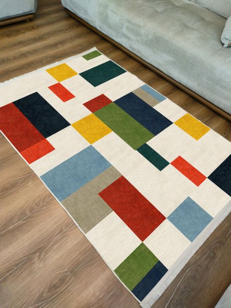 Drom Kaymaz Tabanlı Yıkanabilir Renkli Geometrik Modern Halı