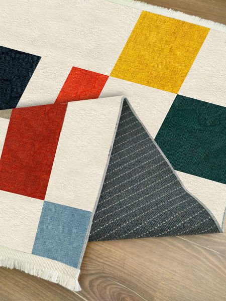 Drom Kaymaz Tabanlı Yıkanabilir Renkli Geometrik Modern Halı