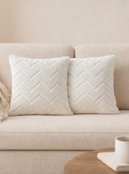 Dream Peluş Kabartmalı Dekoratif Kırlent Kılıfı Krem 43x43cm 2'li Yıkanabilir Tasarım Polyester Jakarlı Welsoft Kılıf