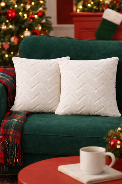 Dream Peluş Kabartmalı Dekoratif Kırlent Kılıfı Krem 43x43cm 2'li Yıkanabilir Tasarım Polyester Jakarlı Welsoft Kılıf