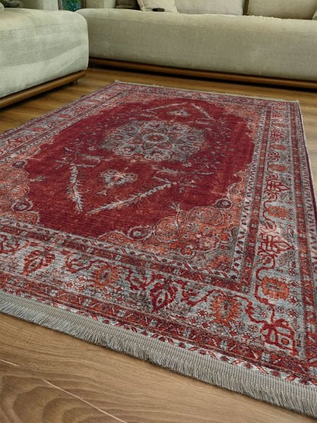 Drom Kaymaz Tabanlı Yıkanabilir Kırmızı Etnik Eskitme Vintage Halı