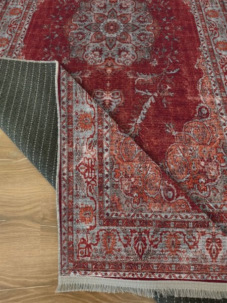 Drom Kaymaz Tabanlı Yıkanabilir Kırmızı Etnik Eskitme Vintage Halı