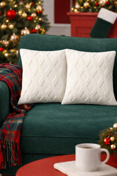 Dream Peluş Kabartmalı Dekoratif Kırlent Kılıfı Krem 43x43cm 2'li Yıkanabilir Tasarım Polyester Jakarlı Welsoft Kılıf