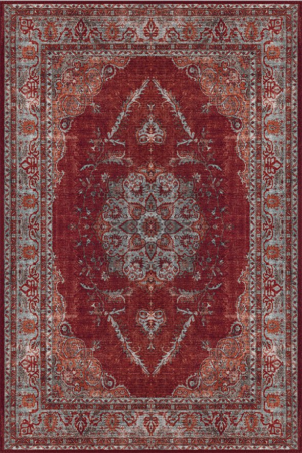 Drom Kaymaz Tabanlı Yıkanabilir Kırmızı Etnik Eskitme Vintage Halı