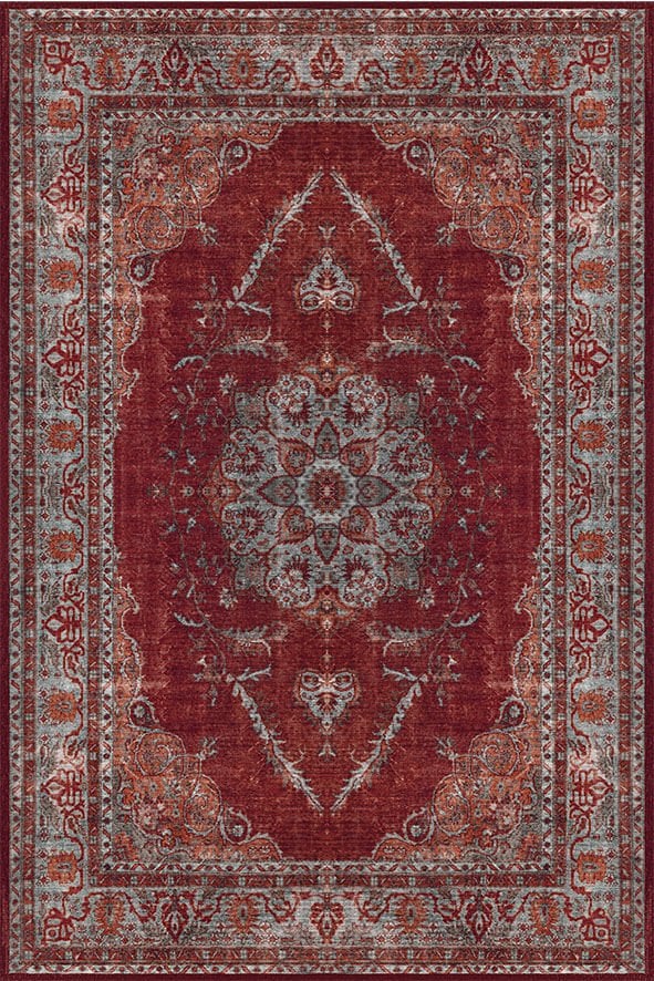 Drom Kaymaz Tabanlı Yıkanabilir Kırmızı Etnik Eskitme Vintage Halı