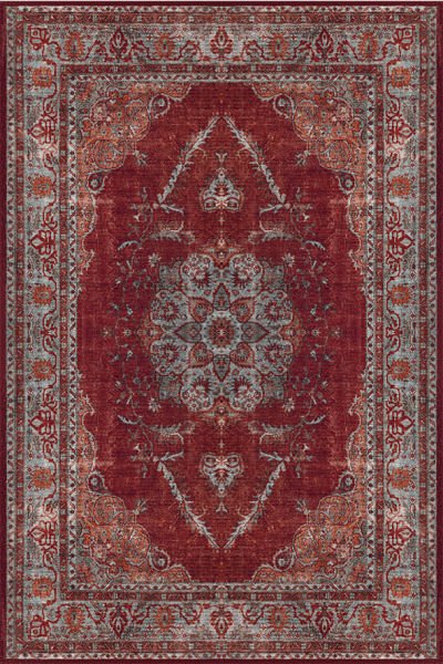 Drom Kaymaz Tabanlı Yıkanabilir Kırmızı Etnik Eskitme Vintage Halı