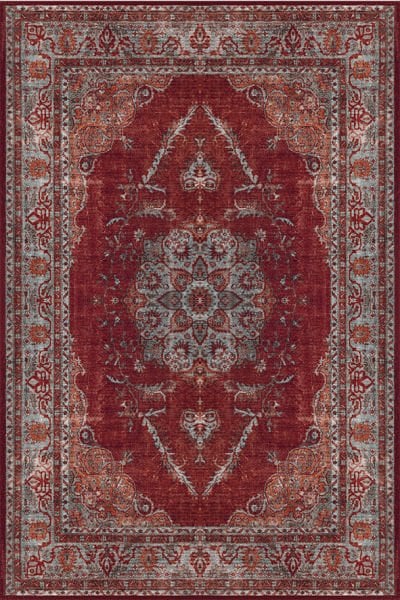 Drom Kaymaz Tabanlı Yıkanabilir Kırmızı Etnik Eskitme Vintage Halı