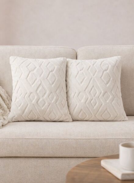 Dream Peluş Kabartmalı Dekoratif Kırlent Kılıfı Krem 43x43cm 2'li Yıkanabilir Tasarım Polyester Jakarlı Welsoft Kılıf