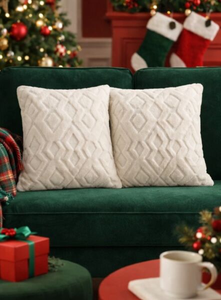Dream Peluş Kabartmalı Dekoratif Kırlent Kılıfı Krem 43x43cm 2'li Yıkanabilir Tasarım Polyester Jakarlı Welsoft Kılıf
