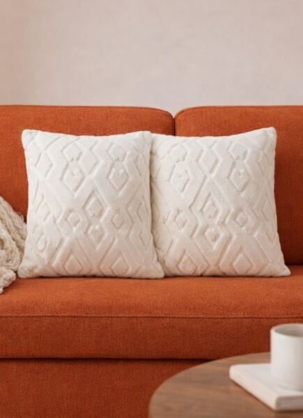 Dream Peluş Kabartmalı Dekoratif Kırlent Kılıfı Krem 43x43cm 2'li Yıkanabilir Tasarım Polyester Jakarlı Welsoft Kılıf