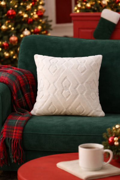 Dream Peluş Kabartmalı Dekoratif Kırlent Kılıfı Krem 43x43cm Yıkanabilir Tasarım Polyester Jakarlı Welsoft Kılıf