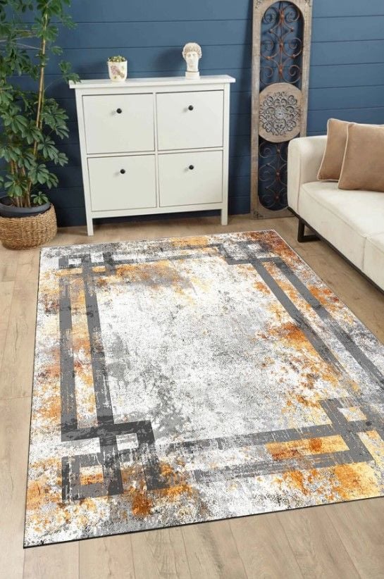 Lane Makinede Yıkanabilir Kaymaz Tabanlı Gri Yolluk Hav Toz Vermez Modern Salon Halısı Dot Taban