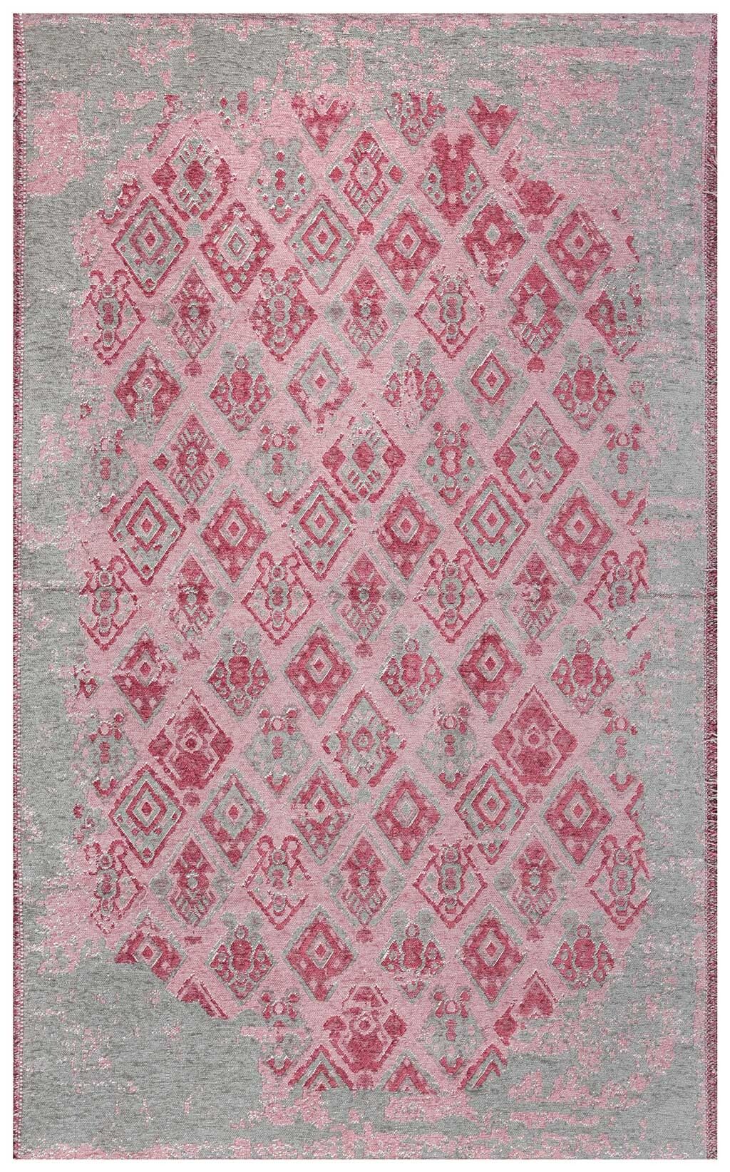 Lina Çift Taraflı %100 Pamuk Kilim Modern Yıkanabilir Şönil Kilim 015-A Gri Pembe Koridor Mutfak Salon Şönil Halı Çift Taraflı Yolluk