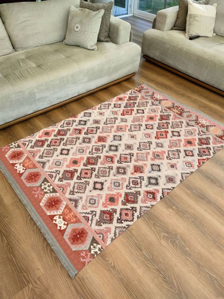 Drom Kaymaz Tabanlı Yıkanabilir Krem Etnik Eskitme Modern Halı