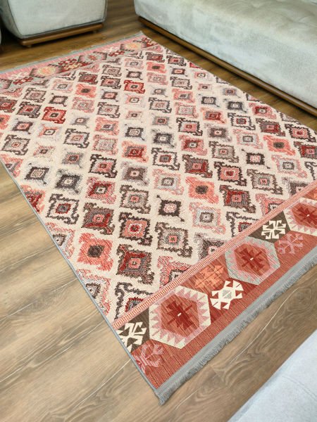 Drom Kaymaz Tabanlı Yıkanabilir Krem Etnik Eskitme Modern Halı