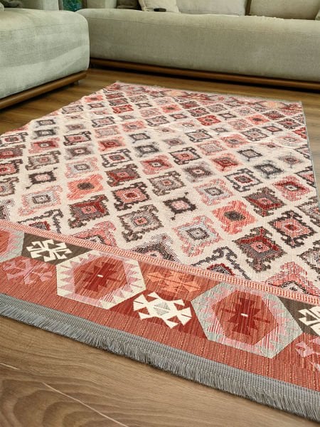 Drom Kaymaz Tabanlı Yıkanabilir Krem Etnik Eskitme Modern Halı