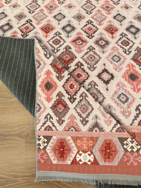 Drom Kaymaz Tabanlı Yıkanabilir Krem Etnik Eskitme Modern Halı