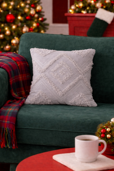 Cloud Peluş Kabartmalı Dekoratif Kırlent Kılıfı Gri 43x43cm Yıkanabilir Tasarım Polyester Jakarlı Welsoft Tek Taraflı Kılıf