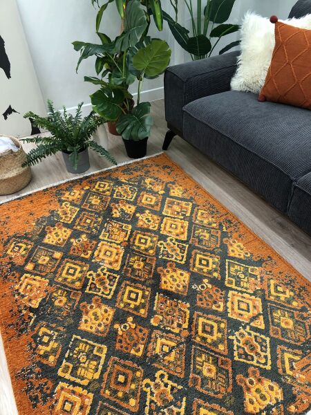 Lina Çift Taraflı %100 Pamuk Kilim Modern Yıkanabilir Şönil Kilim  015-B Turuncu Multi Koridor Mutfak Salon Şönil Halı Çift Taraflı Yolluk