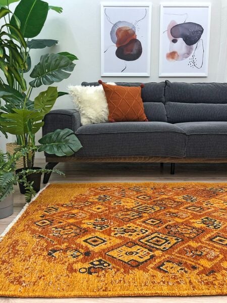 Lina Çift Taraflı %100 Pamuk Kilim Modern Yıkanabilir Şönil Kilim  015-B Turuncu Multi Koridor Mutfak Salon Şönil Halı Çift Taraflı Yolluk