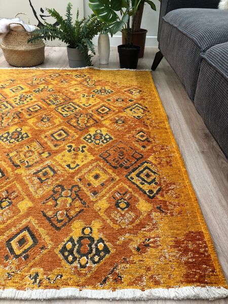 Lina Çift Taraflı %100 Pamuk Kilim Modern Yıkanabilir Şönil Kilim  015-B Turuncu Multi Koridor Mutfak Salon Şönil Halı Çift Taraflı Yolluk