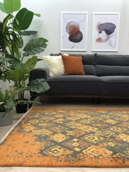Lina Çift Taraflı %100 Pamuk Kilim Modern Yıkanabilir Şönil Kilim  015-B Turuncu Multi Koridor Mutfak Salon Şönil Halı Çift Taraflı Yolluk