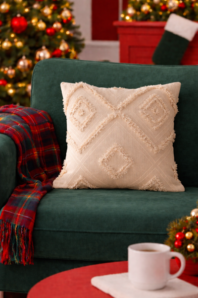 Cloud Peluş Kabartmalı Dekoratif Kırlent Kılıfı Krem  43x43cm Yıkanabilir Tasarım Polyester Jakarlı Welsoft Tek Taraflı Kılıf