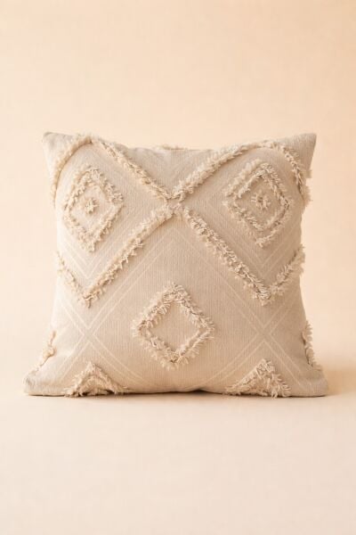 Cloud Peluş Kabartmalı Dekoratif Kırlent Kılıfı Krem  43x43cm Yıkanabilir Tasarım Polyester Jakarlı Welsoft Kılıf