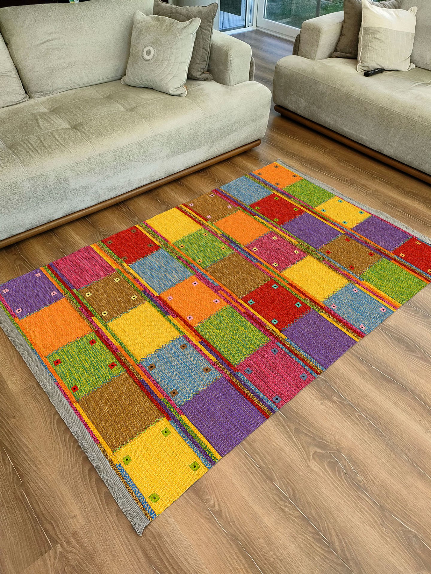 Drom Kaymaz Tabanlı Yıkanabilir Renkli Geometrik Modern Halı