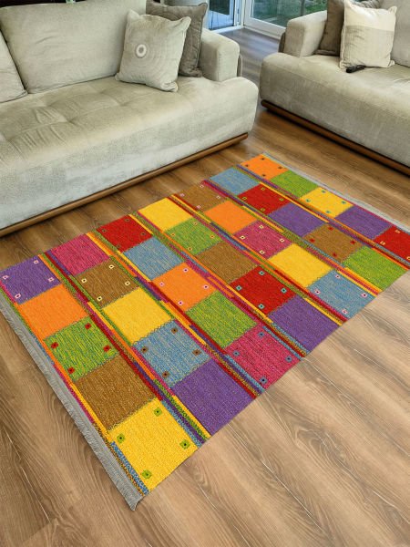 Drom Kaymaz Tabanlı Yıkanabilir Renkli Geometrik Modern Halı
