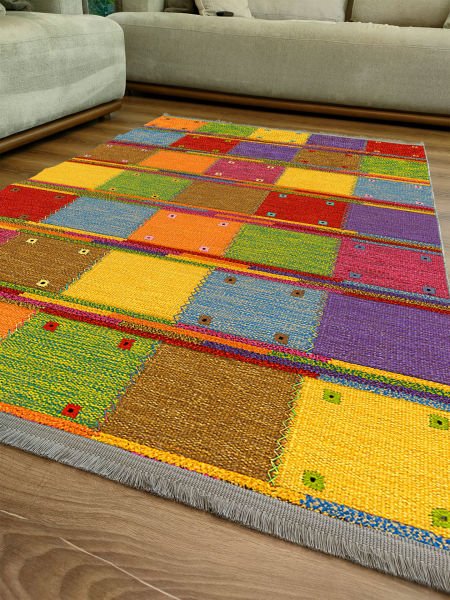 Drom Kaymaz Tabanlı Yıkanabilir Renkli Geometrik Modern Halı