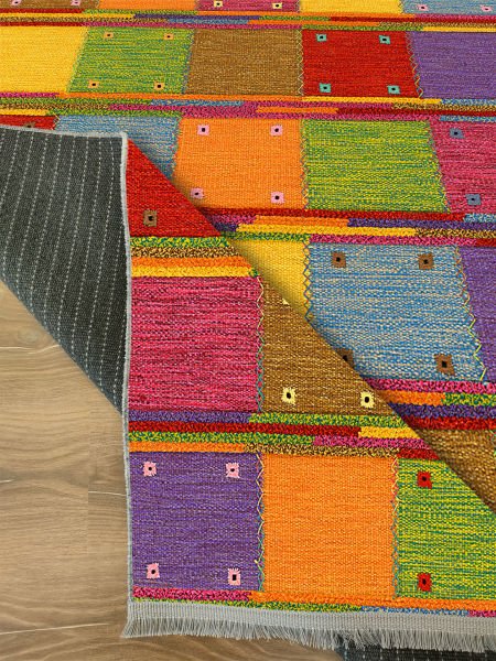 Drom Kaymaz Tabanlı Yıkanabilir Renkli Geometrik Modern Halı