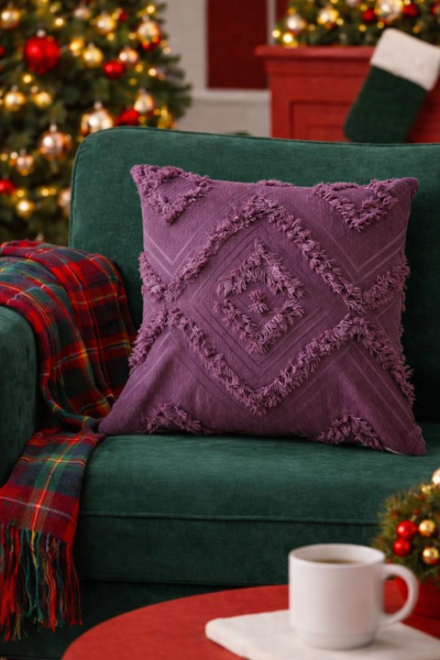 Cloud Peluş Kabartmalı Dekoratif Kırlent Kılıfı Mor 43x43cm Yıkanabilir Tasarım Polyester Jakarlı Welsoft Kılıf