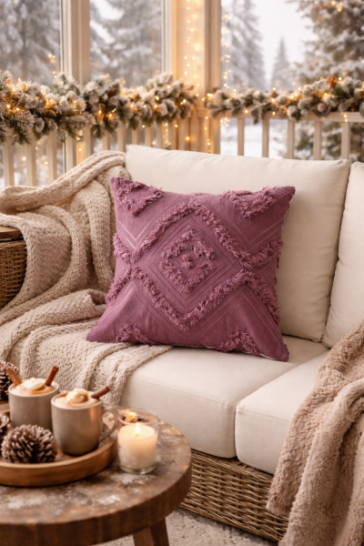 Cloud Peluş Kabartmalı Dekoratif Kırlent Kılıfı Mor 43x43cm Yıkanabilir Tasarım Polyester Jakarlı Welsoft Tek Taraflı Kılıf