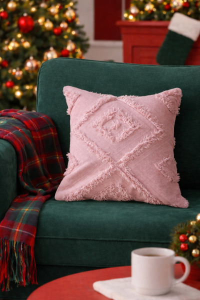 Cloud Peluş Kabartmalı Dekoratif Kırlent Kılıfı Pembe 43x43cm Yıkanabilir Tasarım Polyester Jakarlı Welsoft Tek Taraflı Kılıf