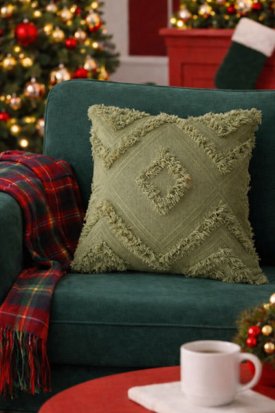 Cloud Peluş Kabartmalı Dekoratif Kırlent Kılıfı Yeşil 43x43cm Yıkanabilir Tasarım Polyester Jakarlı Welsoft Tek Taraflı Kılıf