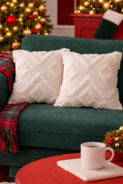 Cloud Peluş Kabartmalı Dekoratif Kırlent Kılıfı Beyaz 43x43cm 2'li Yıkanabilir Tasarım Polyester Jakarlı Welsoft Tek Taraflı Kılıf