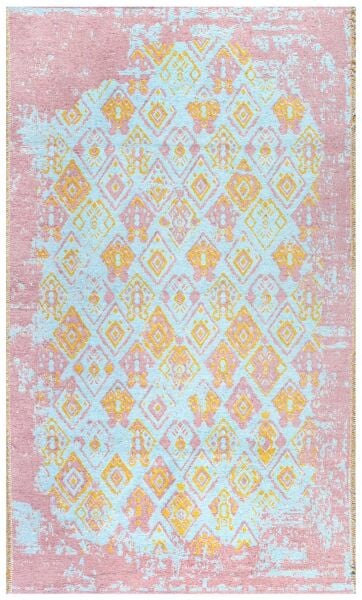 Lina Çift Taraflı %100 Pamuk Kilim Modern Yıkanabilir Şönil Kilim 015-C Gül Mavi Koridor Mutfak Salon Şönil Halı Çift Taraflı Yolluk