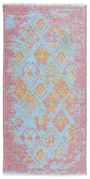 Lina Çift Taraflı %100 Pamuk Kilim Modern Yıkanabilir Şönil Kilim 015-C Gül Mavi Koridor Mutfak Salon Şönil Halı Çift Taraflı Yolluk
