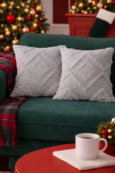 Cloud Peluş Kabartmalı Dekoratif Kırlent Kılıfı Gri 43x43cm 2'li Yıkanabilir Tasarım Polyester Jakarlı Welsoft Tek Taraflı Kılıf