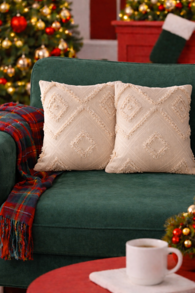 Cloud Peluş Kabartmalı Dekoratif Kırlent Kılıfı Krem 43x43cm 2'li Yıkanabilir Tasarım Polyester Jakarlı Welsoft Tek Taraflı Kılıf