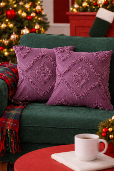 Cloud Peluş Kabartmalı Dekoratif Kırlent Kılıfı Mor 43x43cm 2'li Yıkanabilir Tasarım Polyester Jakarlı Welsoft Tek Taraflı Kılıf