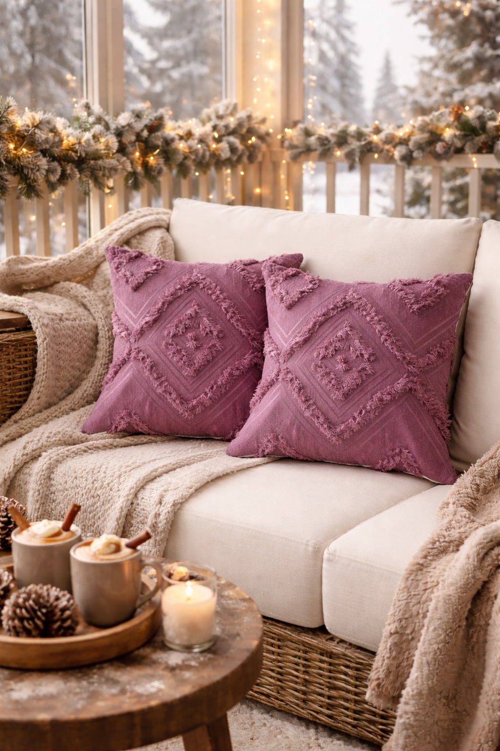 Cloud Peluş Kabartmalı Dekoratif Kırlent Kılıfı Mor 43x43cm 2'li Yıkanabilir Tasarım Polyester Jakarlı Welsoft Kılıf