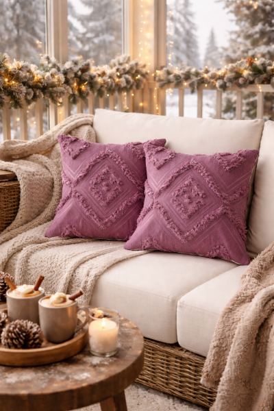 Cloud Peluş Kabartmalı Dekoratif Kırlent Kılıfı Mor 43x43cm 2'li Yıkanabilir Tasarım Polyester Jakarlı Welsoft Tek Taraflı Kılıf