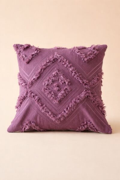 Cloud Peluş Kabartmalı Dekoratif Kırlent Kılıfı Mor 43x43cm 2'li Yıkanabilir Tasarım Polyester Jakarlı Welsoft Tek Taraflı Kılıf