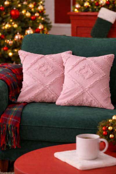 Cloud Peluş Kabartmalı Dekoratif Kırlent Kılıfı Pembe 43x43cm 2'li Yıkanabilir Tasarım Polyester Jakarlı Welsoft Kılıf