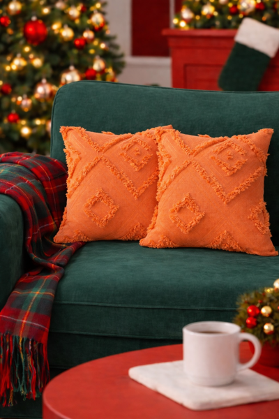 Cloud Peluş Kabartmalı Dekoratif Kırlent Kılıfı Turuncu 43x43cm 2'li Yıkanabilir Tasarım Polyester Jakarlı Welsoft Tek Taraflı Kılıf