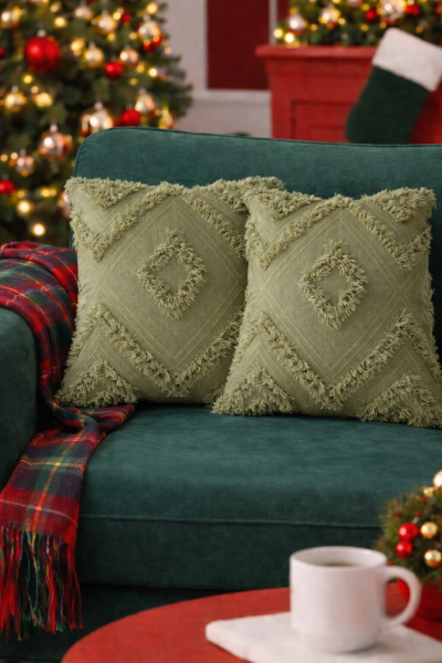 Cloud Peluş Kabartmalı Dekoratif Kırlent Kılıfı Yeşil 43x43cm 2'li Yıkanabilir Tasarım Polyester Jakarlı Welsoft Kılıf